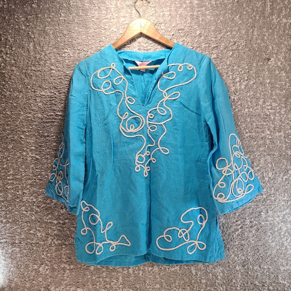 Lilly Pulitzer Linen 3/4 Sleeve Tunic Top Women’s‎ XS Blue, White Detail READ